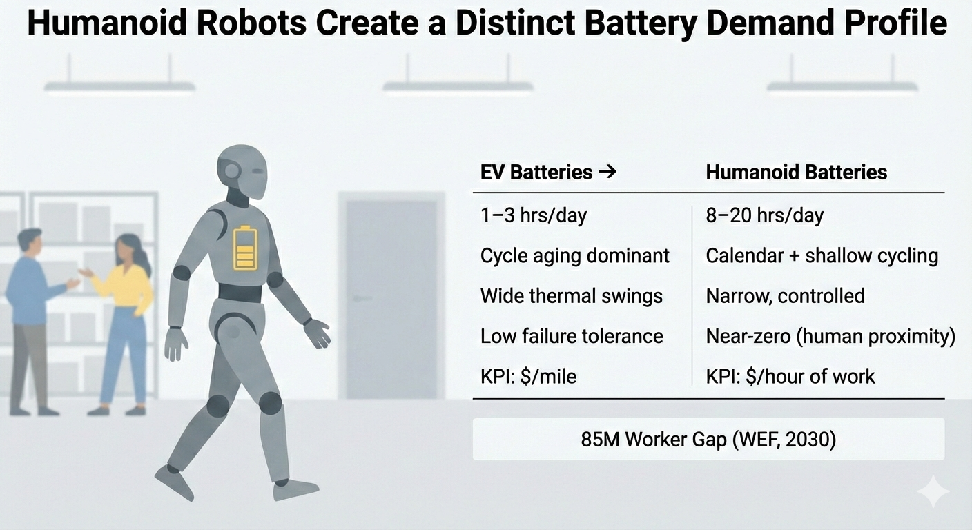 Humanoid robots create a distinct battery demand profile compared to EVs